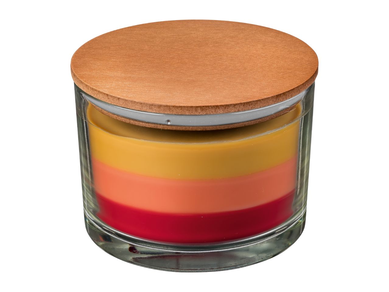 Layered candle in a glass jar with a wooden lid, featuring red, orange, and yellow wax.