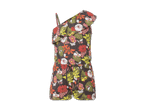 Ein dunkelgrauer Jumpsuit mit tropischem Blumendruck und Rüschen am Ausschnitt.