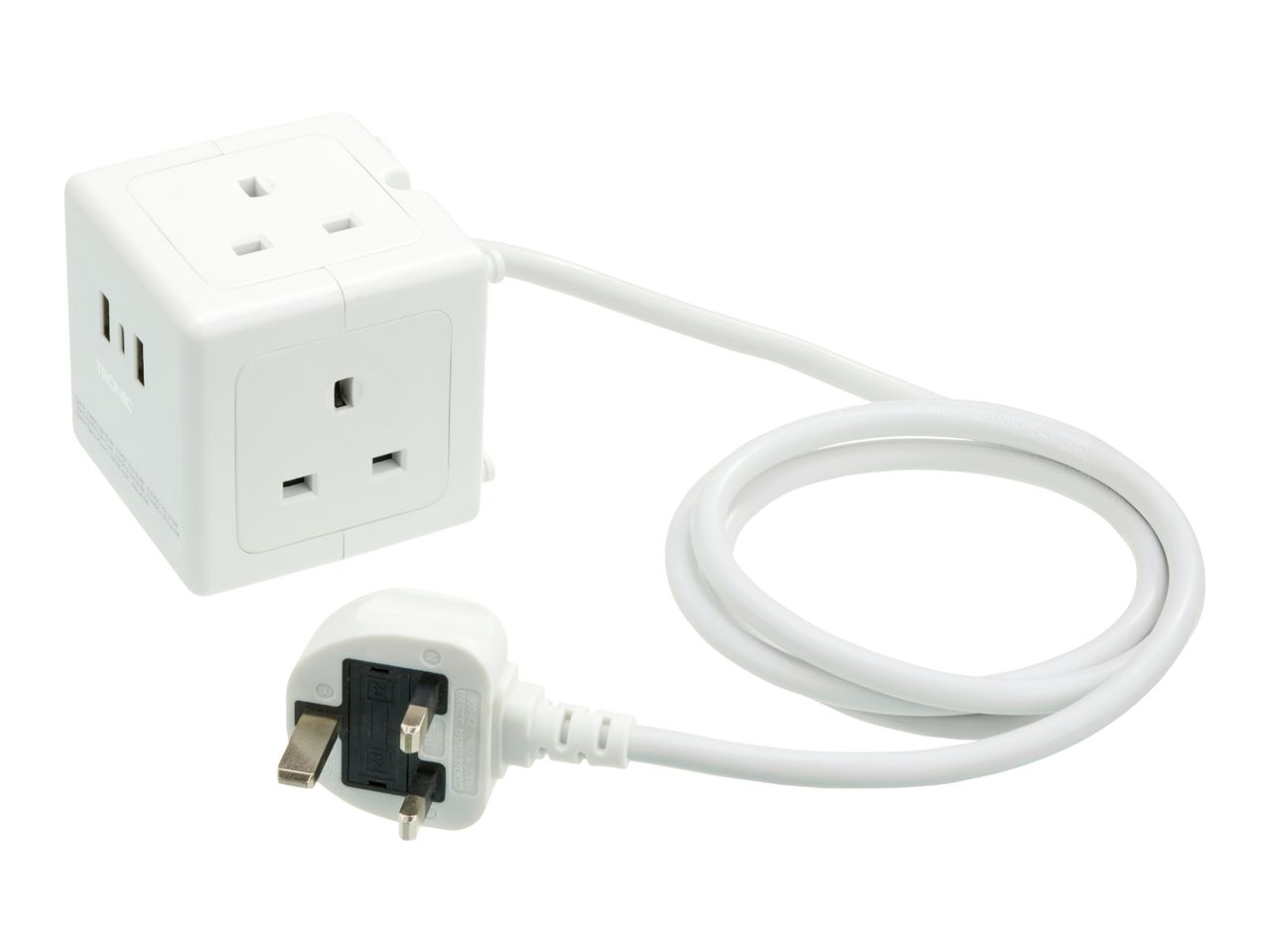 White cube-shaped power strip with three UK sockets and USB ports, connected to a UK plug.