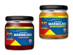 To glas Maribel jubilæumsmarmelade: jordbær og hyldeblomst, samt ananas, fersken og passionsfrugt.