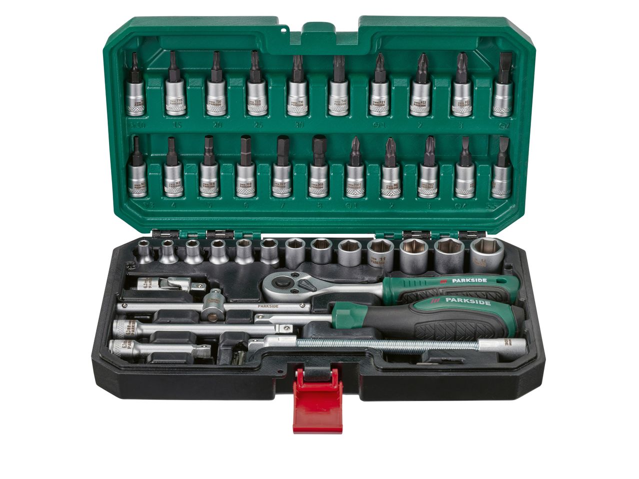 A green and black socket wrench set in a plastic carrying case.