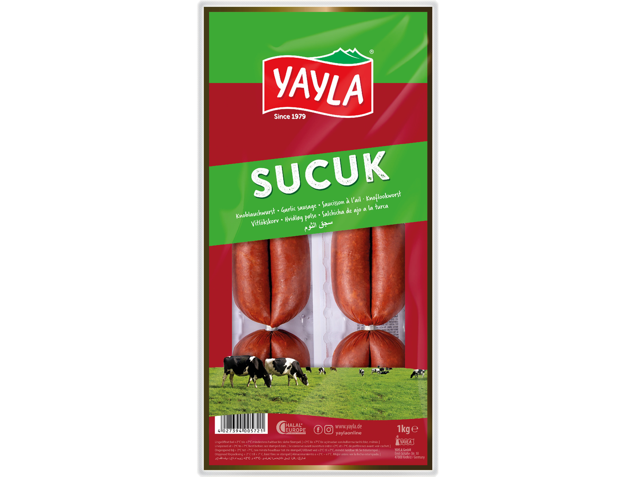 Yayla Sucuk, 1 kg förpackning med två kryddiga korvar.