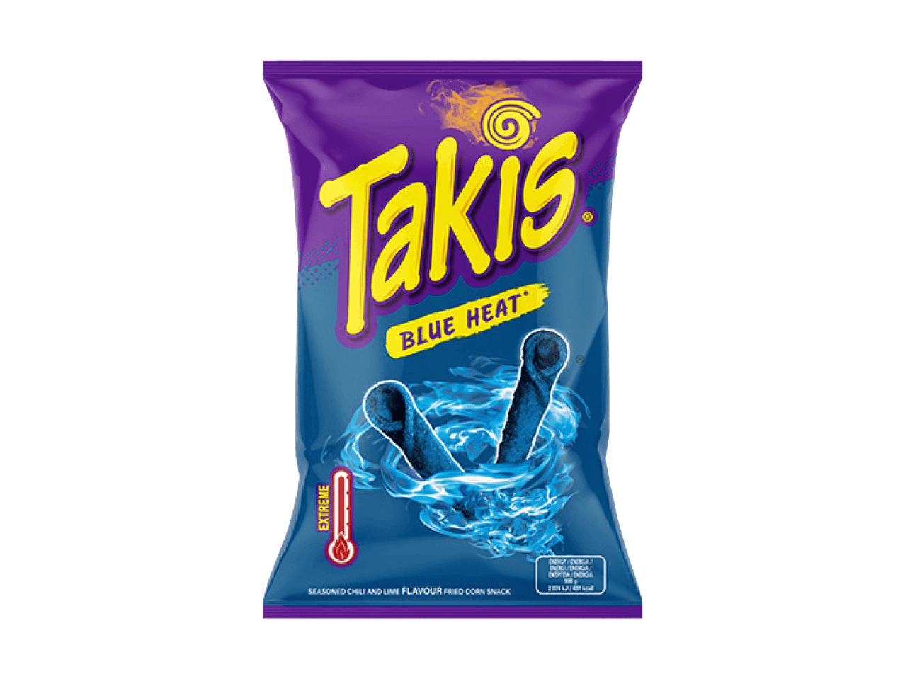 Tüte mit gewürzten Chili-Limette-Maischips, Geschmacksrichtung „Blue Heat“.