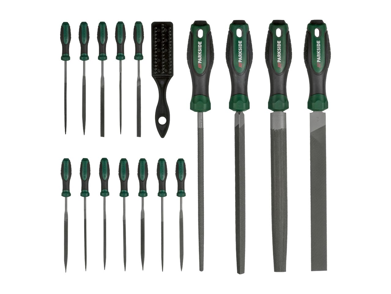 A set of various hand files and rasps with black and green handles, including a file cleaning brush.