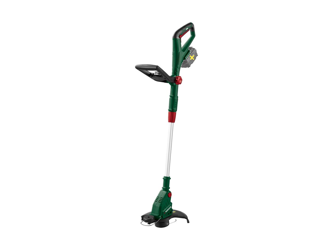 Green and black electric grass trimmer with an adjustable handle and a red button.