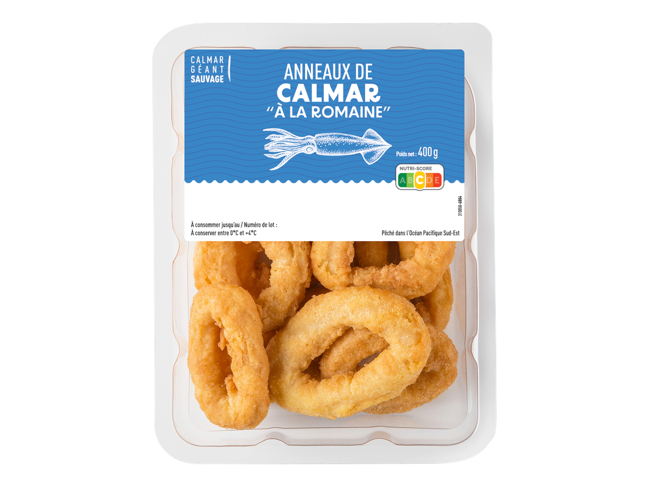 Anneaux de calmar à la romaine, 400g, Nutri-Score C, pêchés dans le Pacifique Sud-Est.