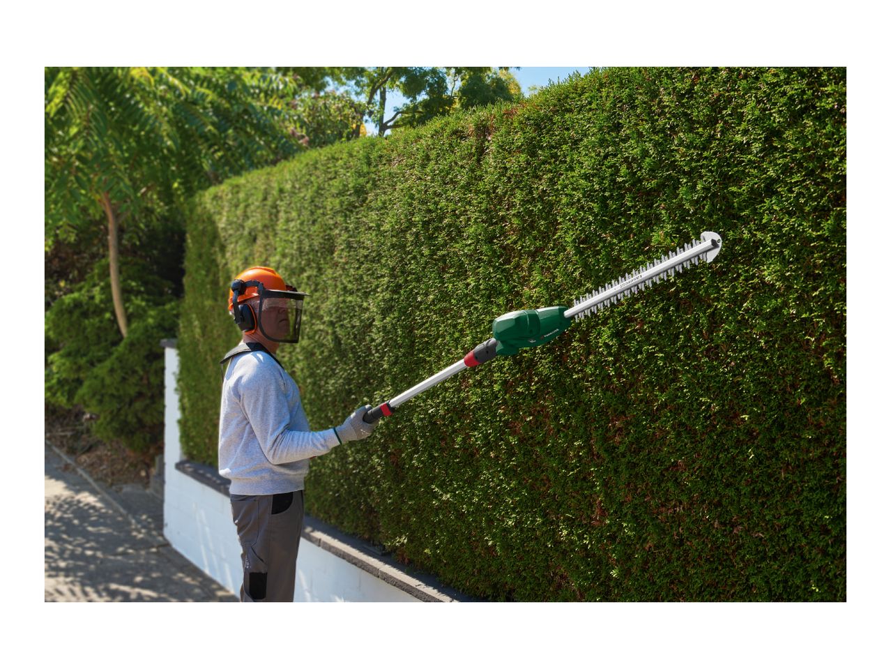 Man in protective gear trimming a tall green hedge with a long-reach hedge trimmer.