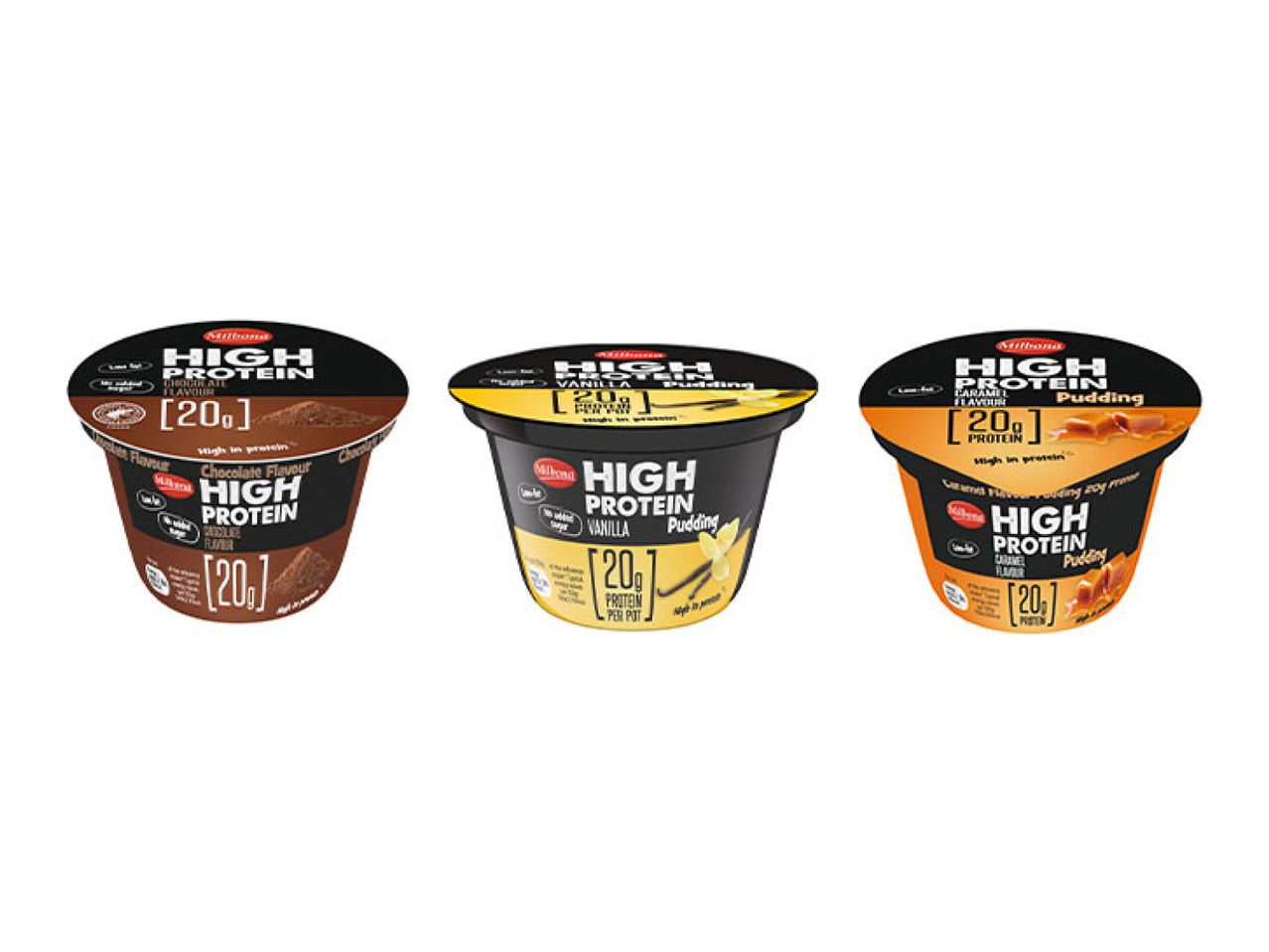 Three high-protein puddings in chocolate, vanilla, and caramel flavors, each with 20g protein.