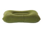 Green inflatable camping pillow with a soft, flocked surface.