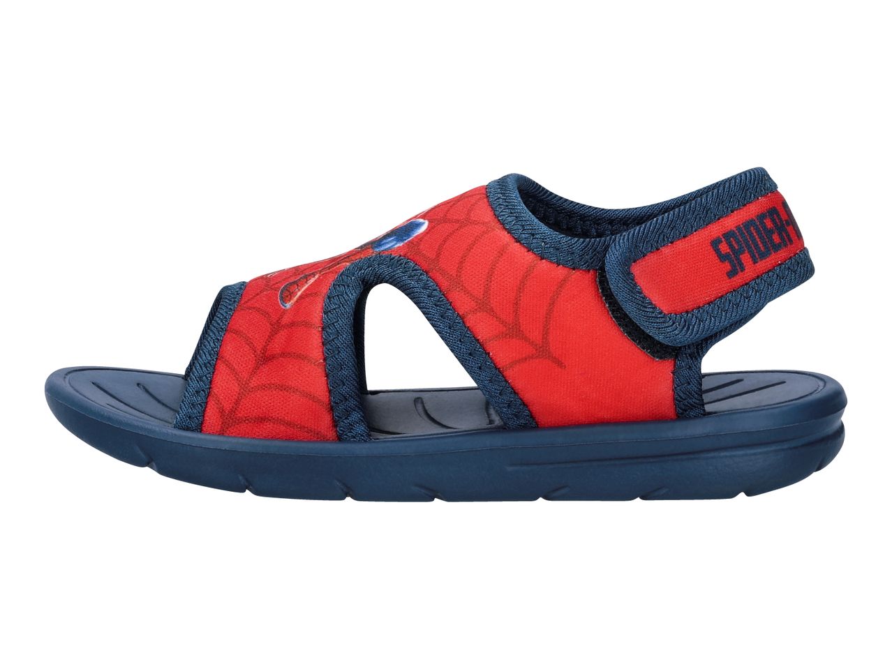 Red and blue children's sandals with a spider web pattern and a text on the strap.
