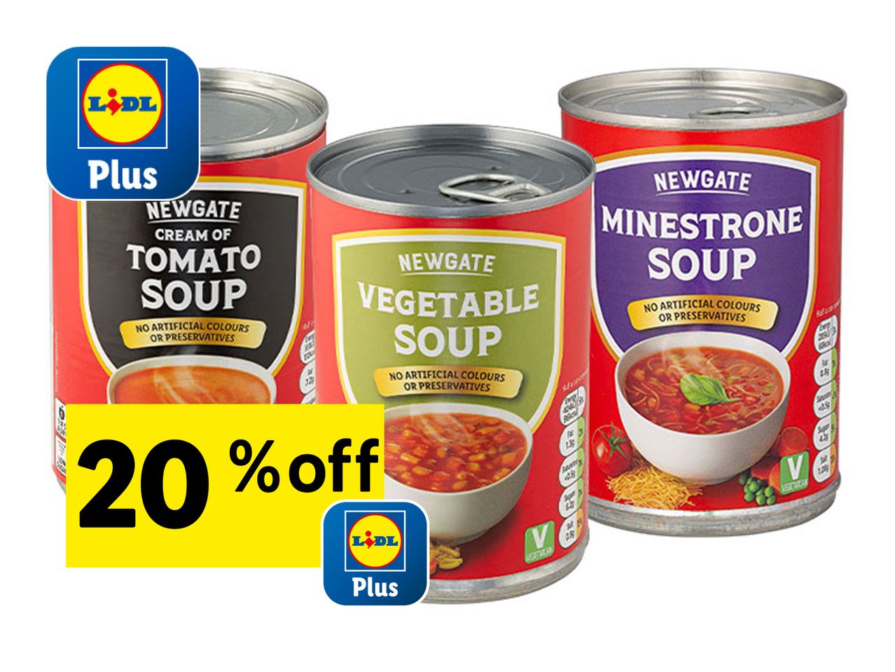Newgate soups (tomato, vegetable, minestrone) Lidl Plus: 20% off.