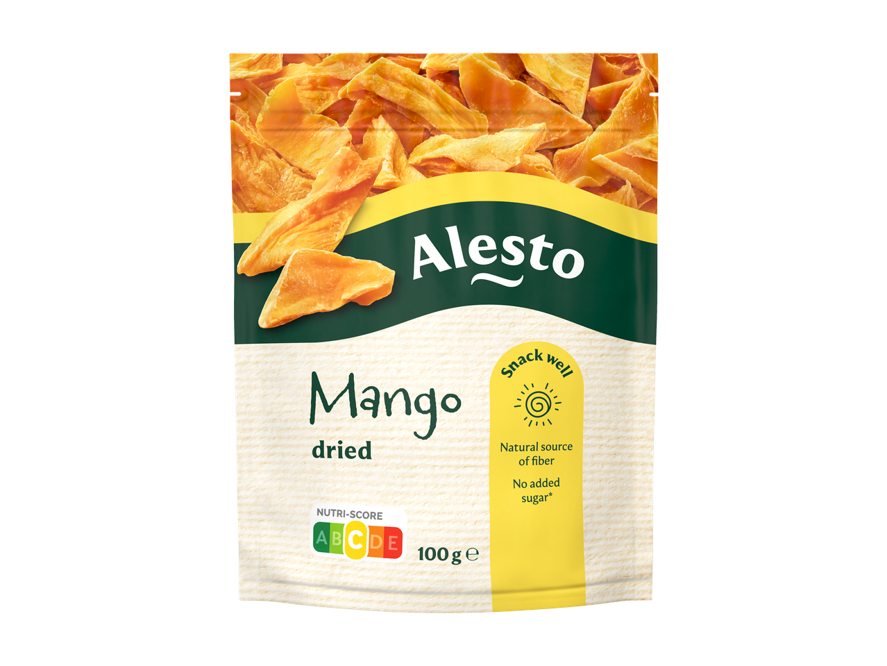 ALESTO SELECTION gedroogde mango, 100g verpakking met Nutri-Score A.