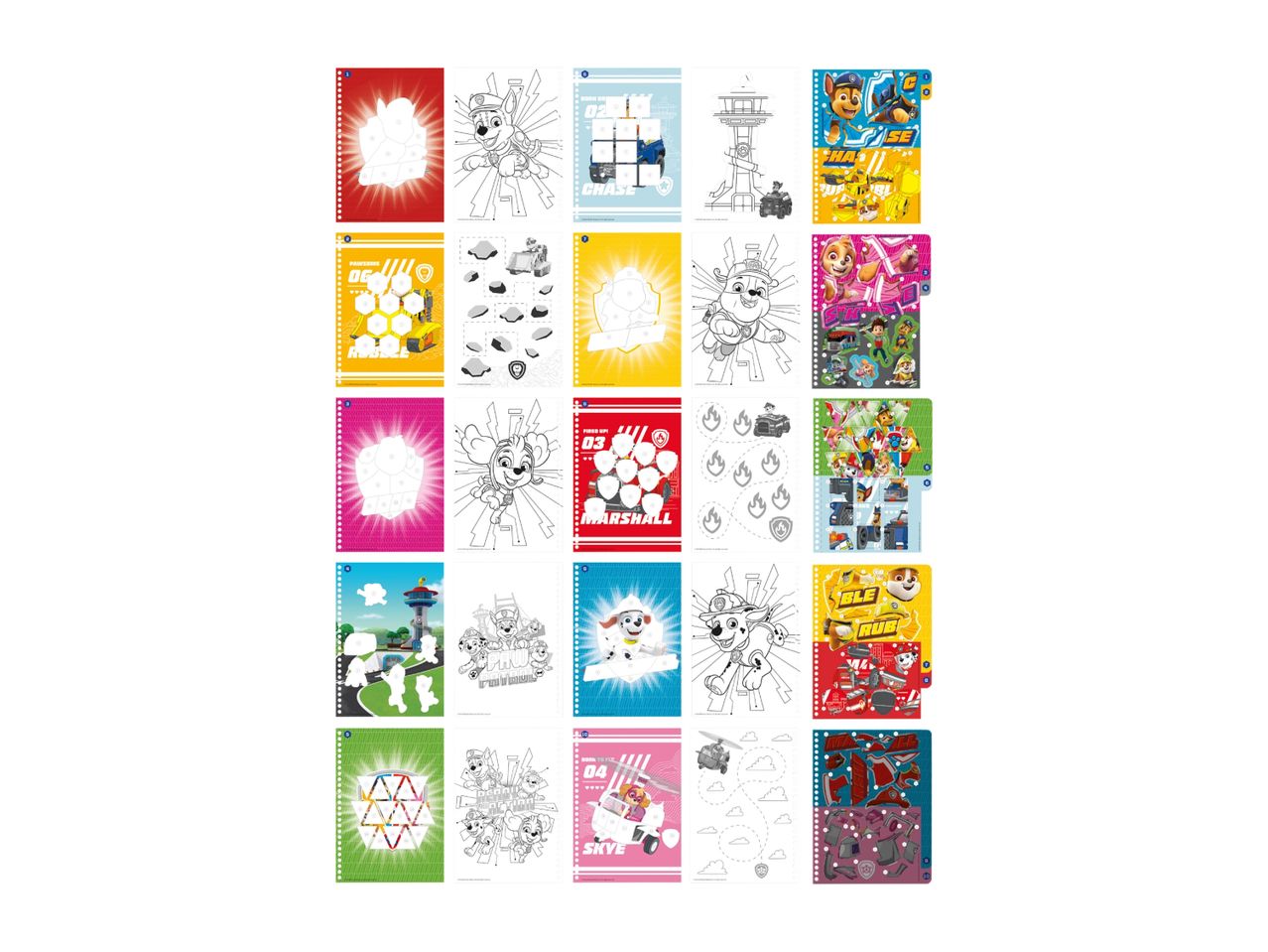 Paw Patrol activity book with coloring pages, stickers, and puzzles featuring characters like Chase, Rubble, Marshall, and Skye.