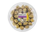 A clear plastic container of pitted green olives with garlic, labeled as vegan and 400g.