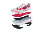 Exploded view of a white and pink running shoe, showing its layers: upper, insole, and sole.