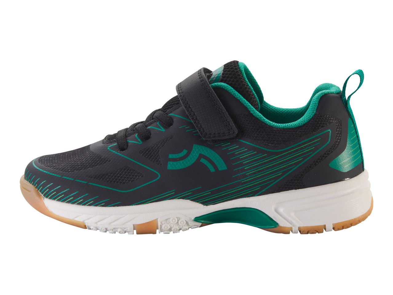 Children's athletic shoes; black with green accents.