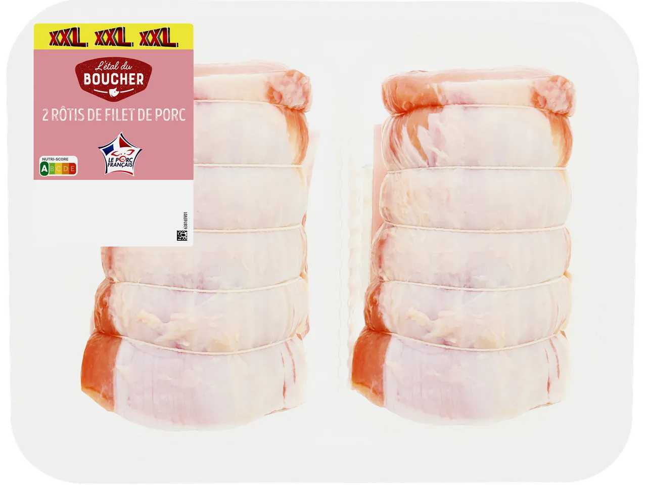 Deux rôtis de filet de porc emballés, avec l'étiquette 'XXL L'étal du Boucher' et Nutri-Score A.