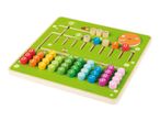 Wooden counting and math learning board with colorful number and operation blocks.