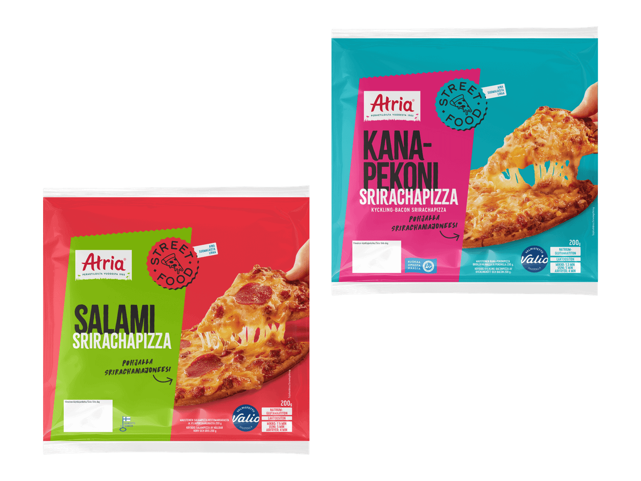 Kaksi srirachapizza-pakkausta, makuina salami ja kana-pekoni.