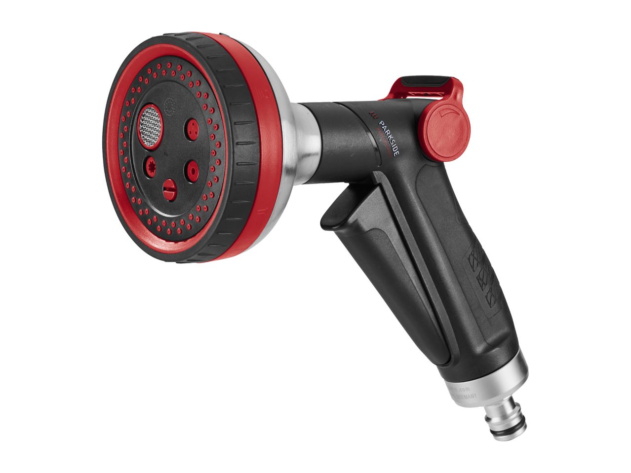 Black and red garden spray gun with multiple spray patterns and a comfortable grip.