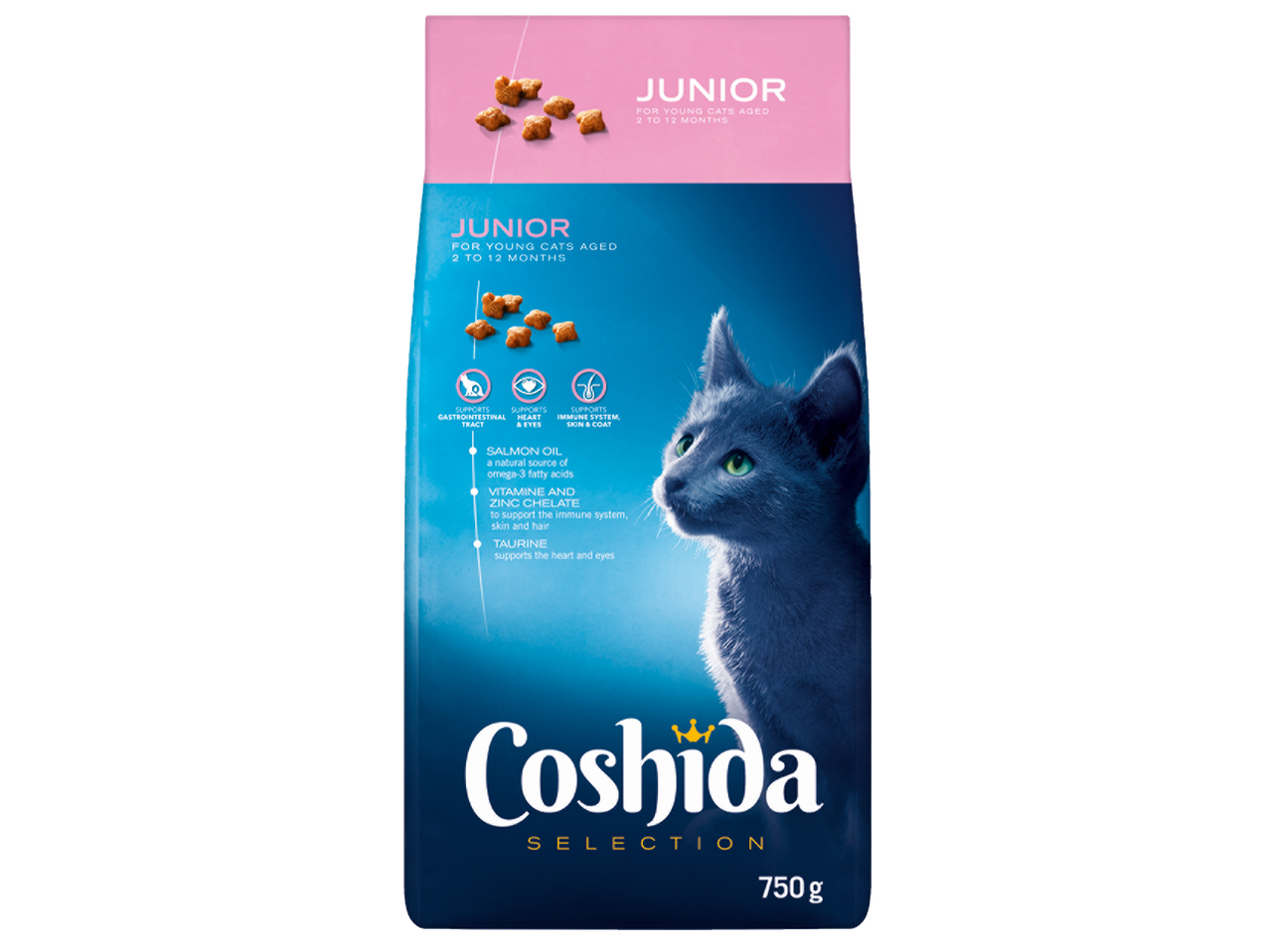 Храна за котки Coshida Selection Junior, опаковка от 750 г с коте.