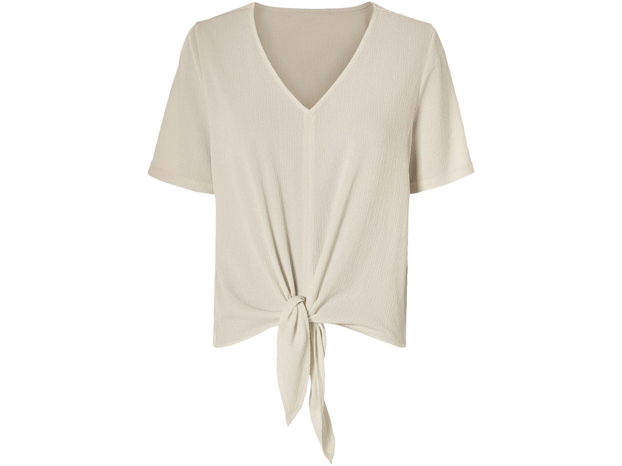 Camicia beige con nodo frontale, maniche corte.