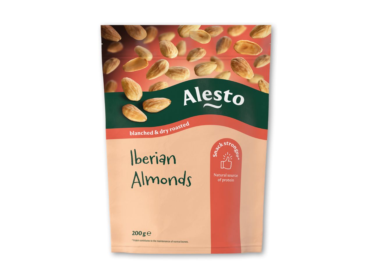 Pose med blancherede og tørristede iberiske mandler, 200g, en naturlig kilde til protein.