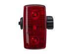 Red bicycle rear light with two circular LED lights and a black mounting knob.