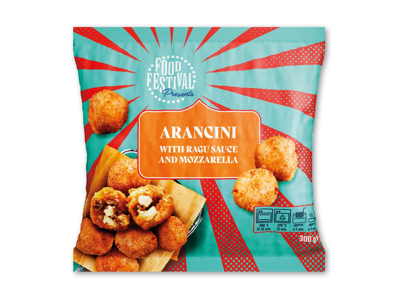 Pakke med arancini med ragusauce og mozzarella, klar til ovn eller friture.