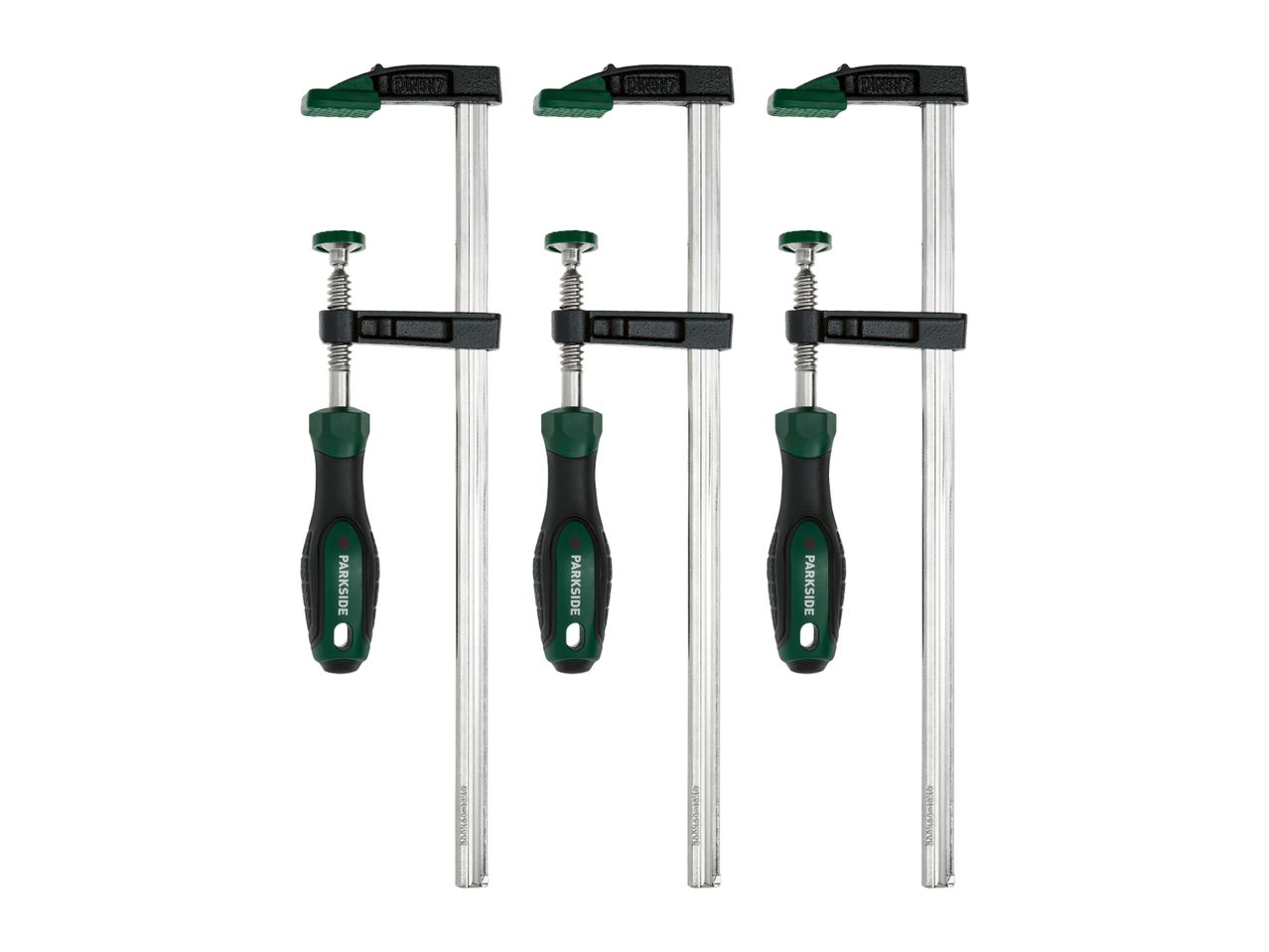 Three bar clamps with green and black handles, featuring DIN517 and 300x50-13X markings.