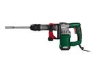 Green and grey demolition hammer with a chisel attachment and a black power cord.