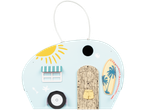 Beach-themed toy caravan with surfboards.