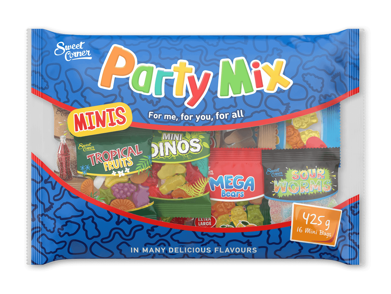 Slikmix med mini-poser af vingummi, herunder tropiske frugter, dinosaurer, megabjørne og sure orme.