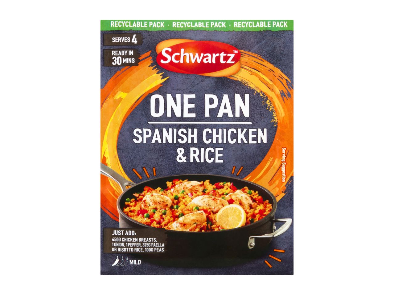 One pan Spanish chicken and rice meal kit, serves 4, ready in 30 mins, mild.