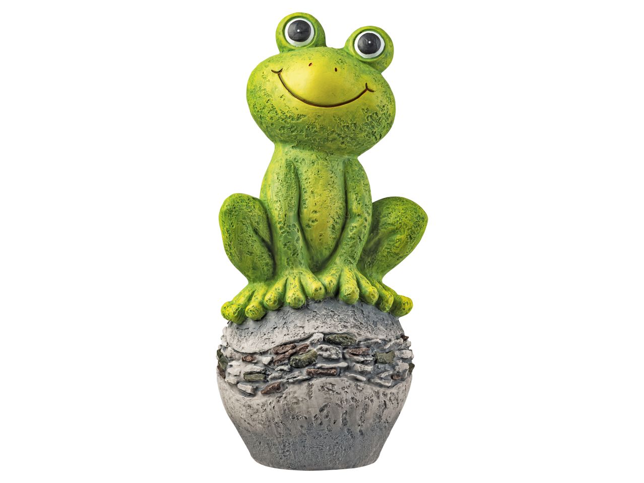 A green ceramic frog  for Garden Ornament with a wide smile, sitting on a textured gray base.