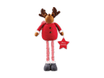 Weihnachtlicher Rentier-Stofftier mit rotem Outfit und 'Merry Christmas' Sternanhänger.