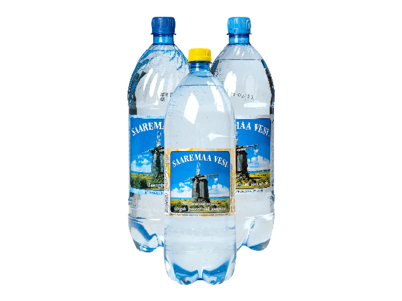 Kolm pudelit Saaremaa Vesi vett siniste ja kollaste korkidega.