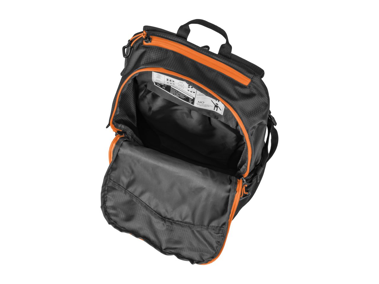 A black backpack with orange accents is shown open, revealing its empty interior.
