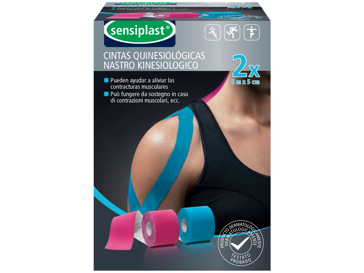 Fitas de Cinesiologia Sensoplast para alívio muscular, 2 unidades de 5m x 5cm.