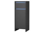 A dark gray cabinet with two drawers and a light blue accent strip.