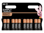 Tien AA-batterijen met de tekst 'Kwaliteit Gegarandeerd' en een roze konijn.