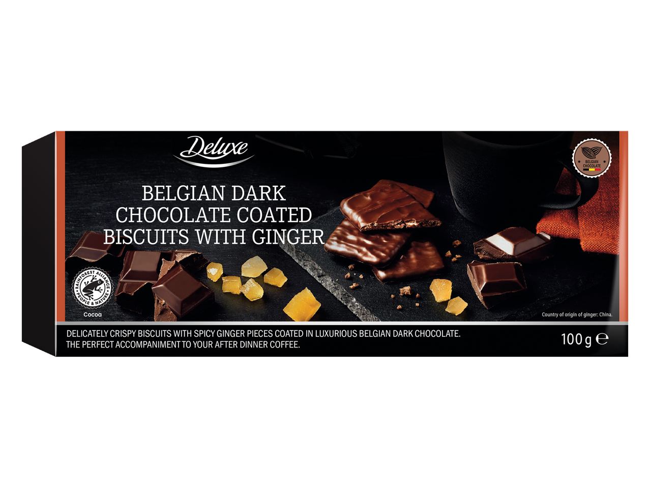 „Deluxe“ belgiški tamsiuoju šokoladu aplieti sausainiai su imbieru, 100 g.