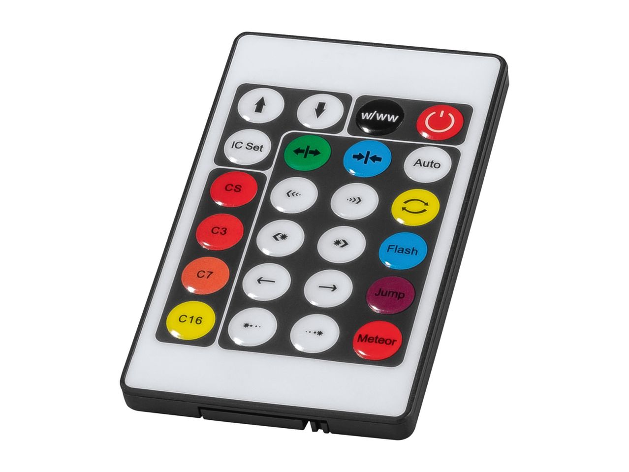 A white and black remote control with colorful buttons for various functions.