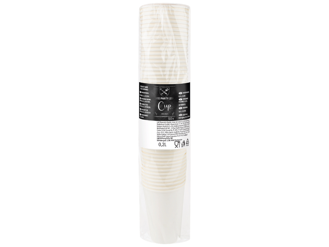 Un paquet de 50 gobelets en papier blancs de 0,2 L pour boissons chaudes et froides.