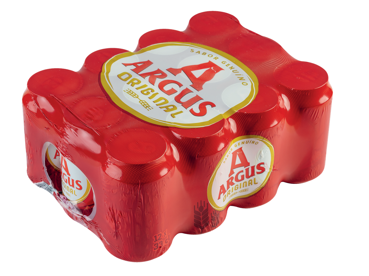 Pack de 6 latas de cerveja Argus Original, vermelhas, com rótulo branco e dourado.