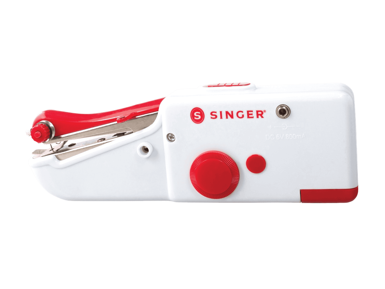Une machine à coudre portable blanche et rouge, avec des boutons rouges et un port d'alimentation.