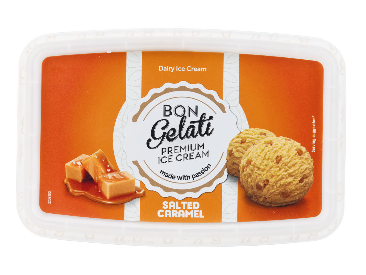 Embalagem de gelado Bon Gelati Salted Caramel Premium com pedaços de caramelo e bolas de gelado.