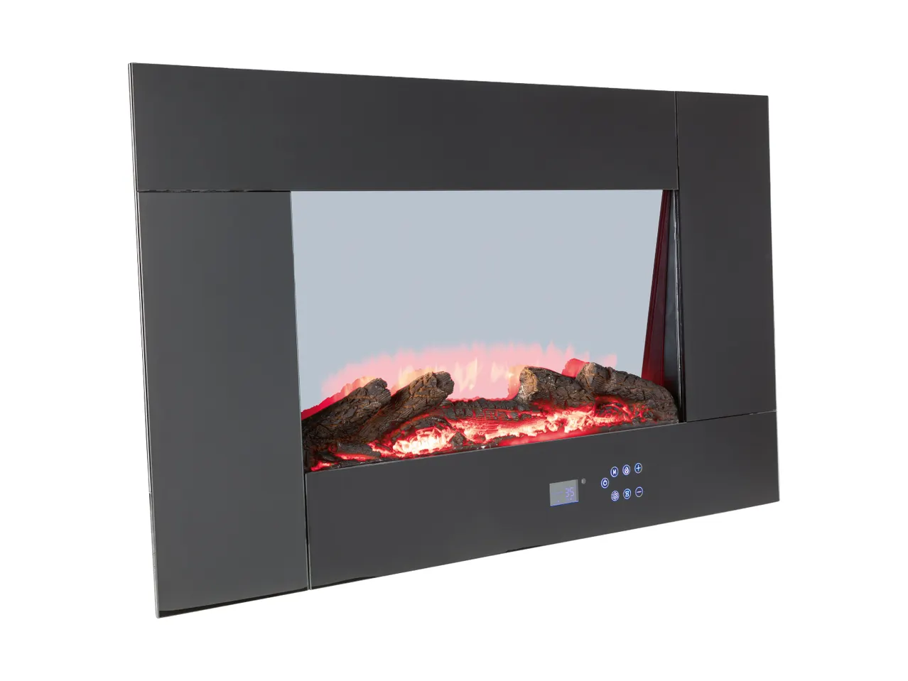 Black electric fireplace with glowing logs and digital controls, angled view.
