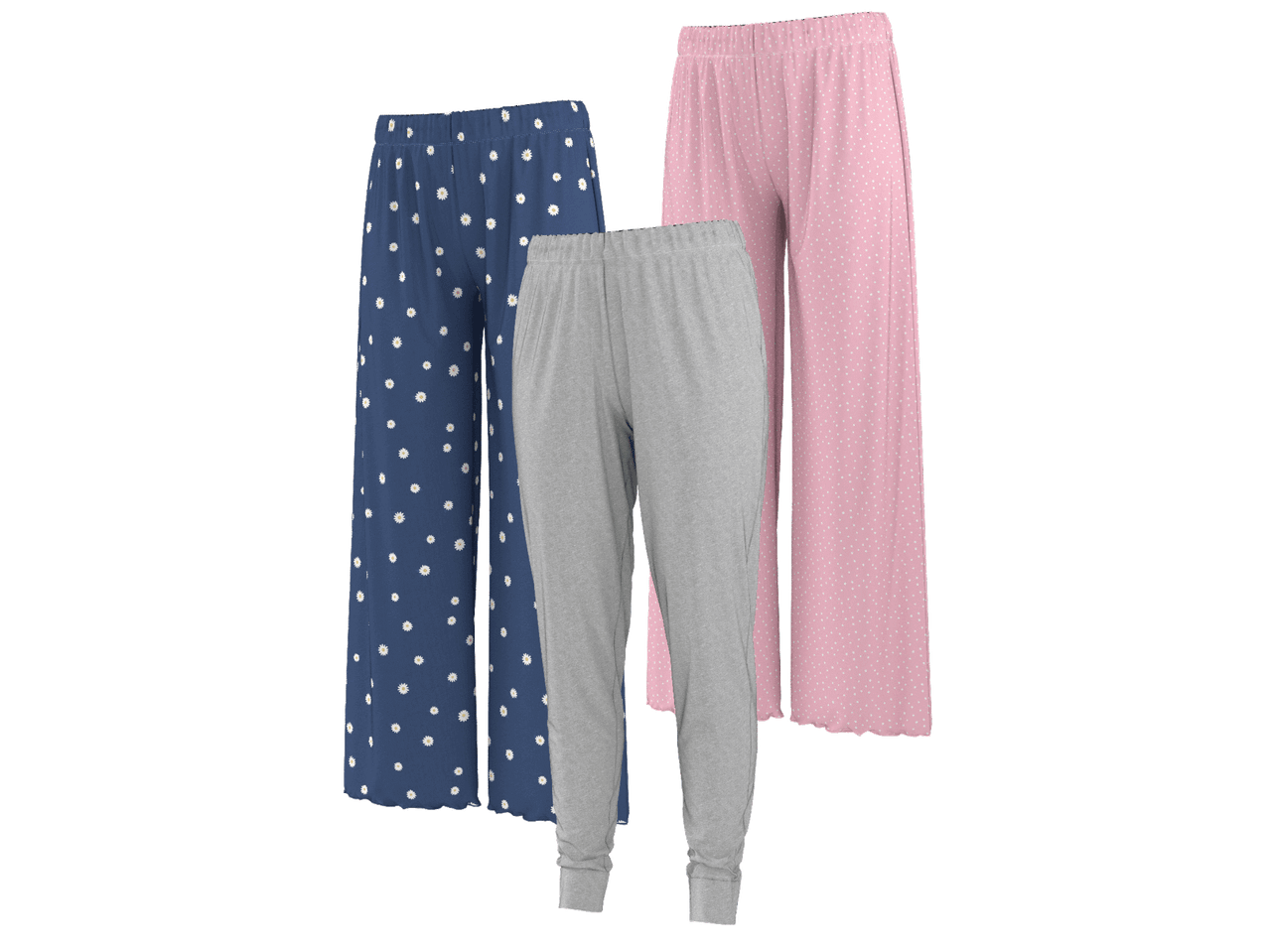 Mėlynos, pilkos ir rožinės spalvos pižaminės kelnės su raštais.