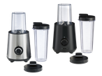 Dva osobna blendera, jedan srebrni i jedan crni, s prozirnim šalicama i poklopcima.